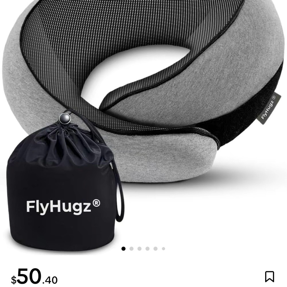 FlyHugz Gray and Black Travel Neck Pillow and Sleep Mask.
